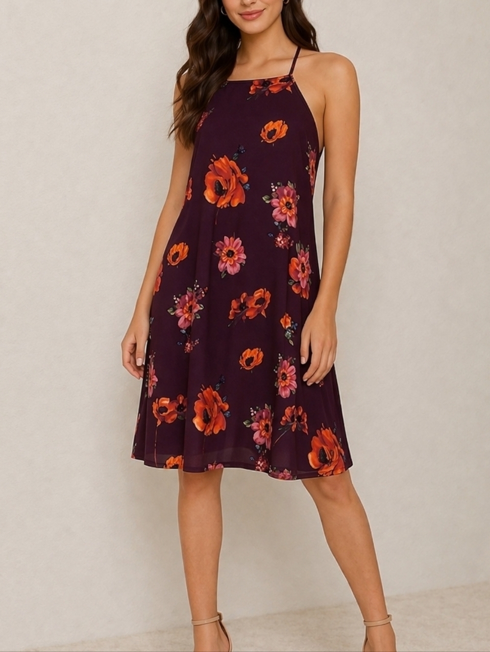 Purple Floral Halter Trapeze Dress